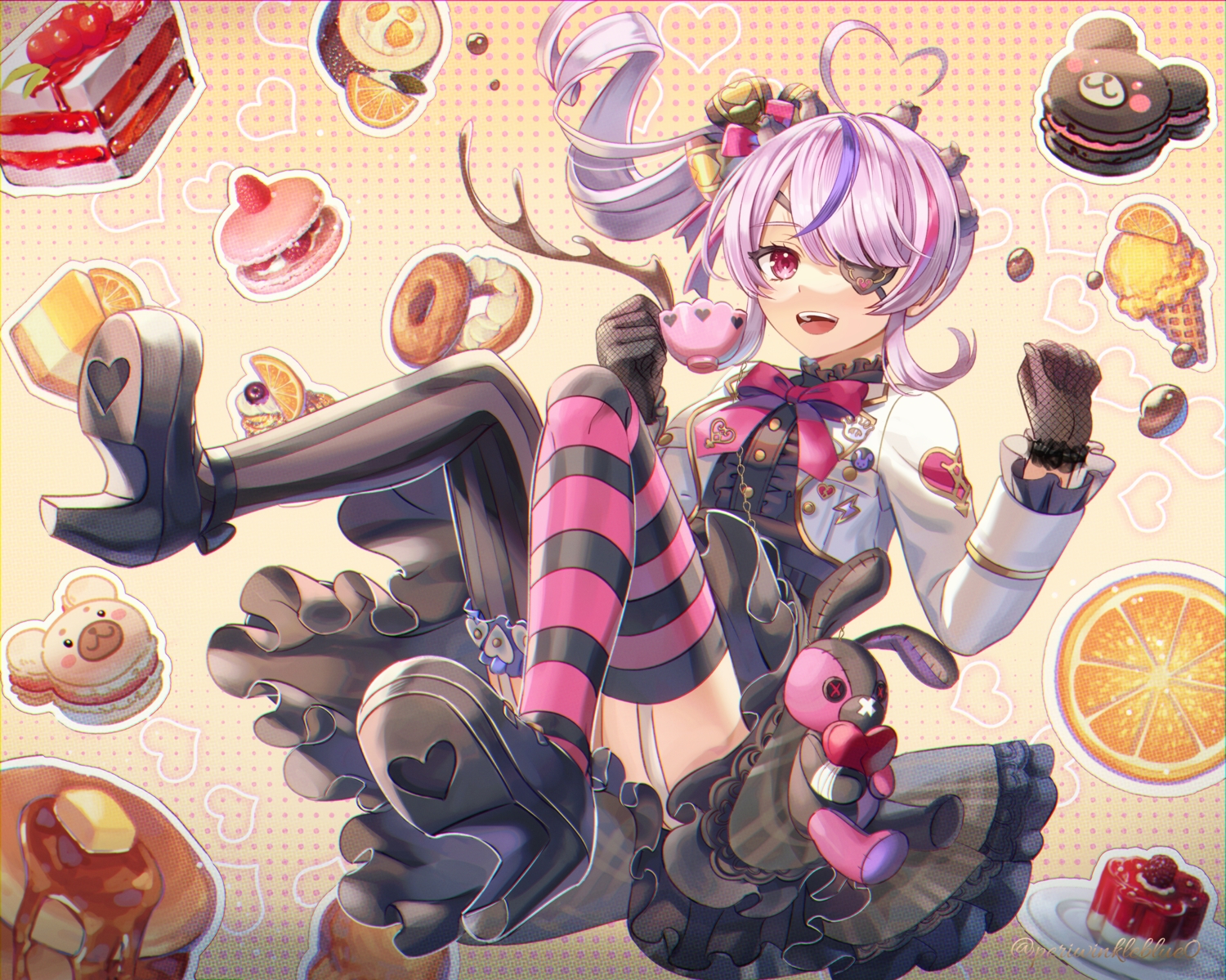 bow, bunny, cake, eyepatch, food, fruit, garter_belt, gloves, goth-loli, hc_(razel1), ice_cream, lolita_fashion, long_hair, maria_marionette, nijisanji, orange_(fruit), pink_hair, ponytail, purple_eyes, school_uniform, skirt, stockings, watermark