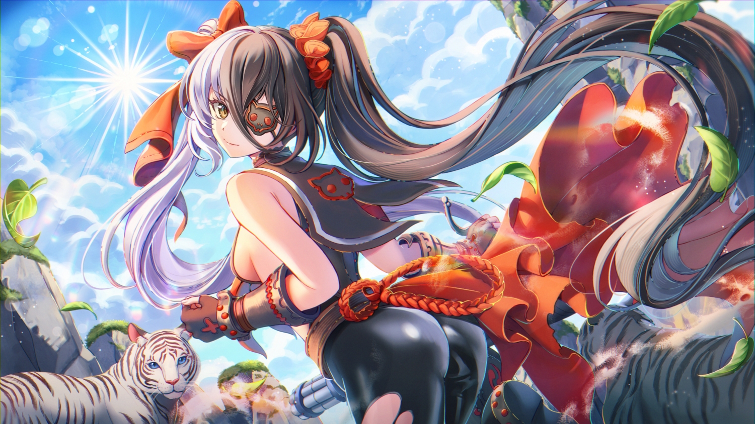 animal, ass, black_hair, blade_&_soul, breasts, clouds, eyepatch, gun