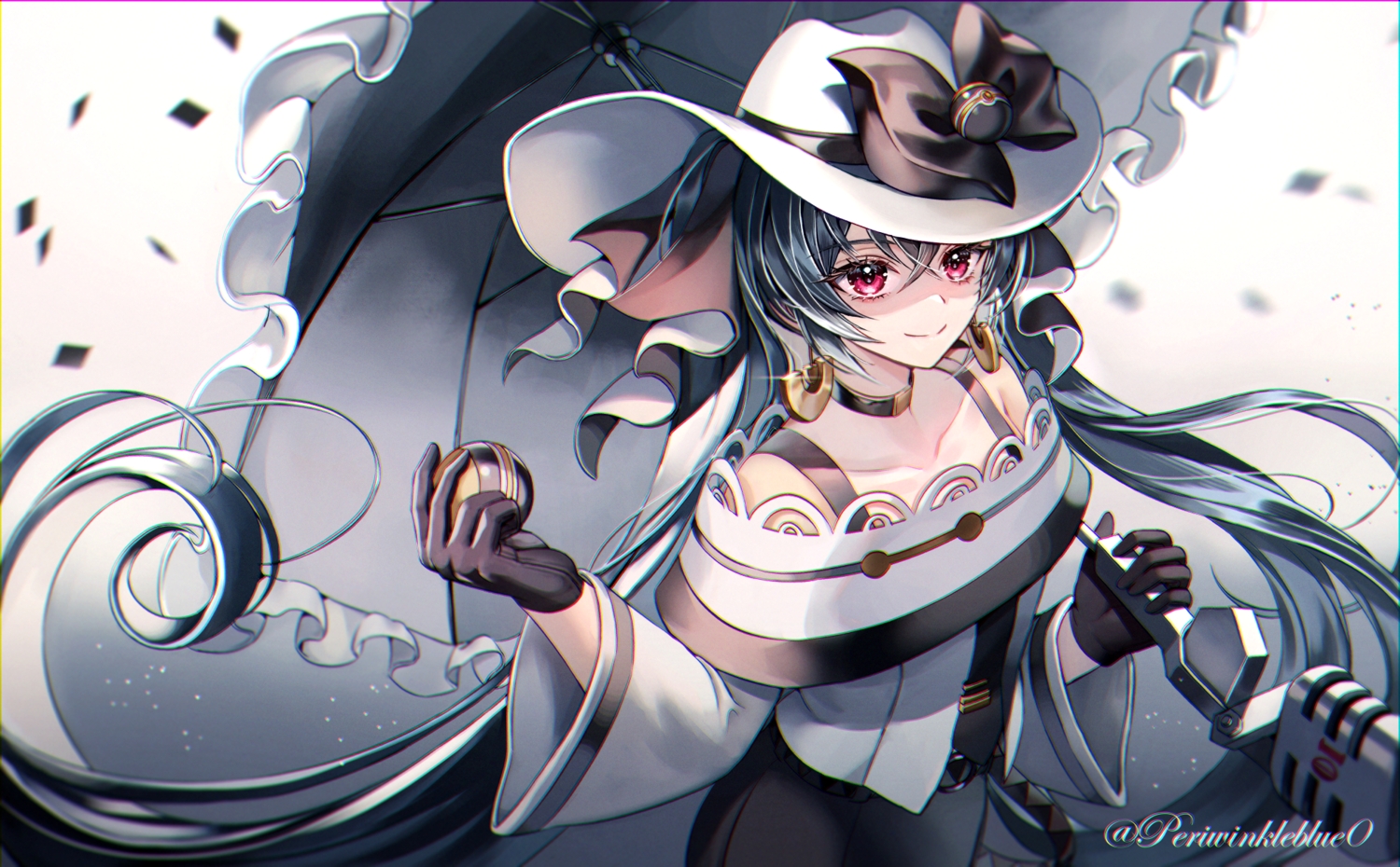black_hair, bow, choker, dark_miku_(project_voltage), dress, gloves, gradient, hat, hatsune_miku, hc_(razel1), long_hair, microphone, pokemon, project_voltage, red_eyes, tie, twintails, umbrella, vocaloid, watermark