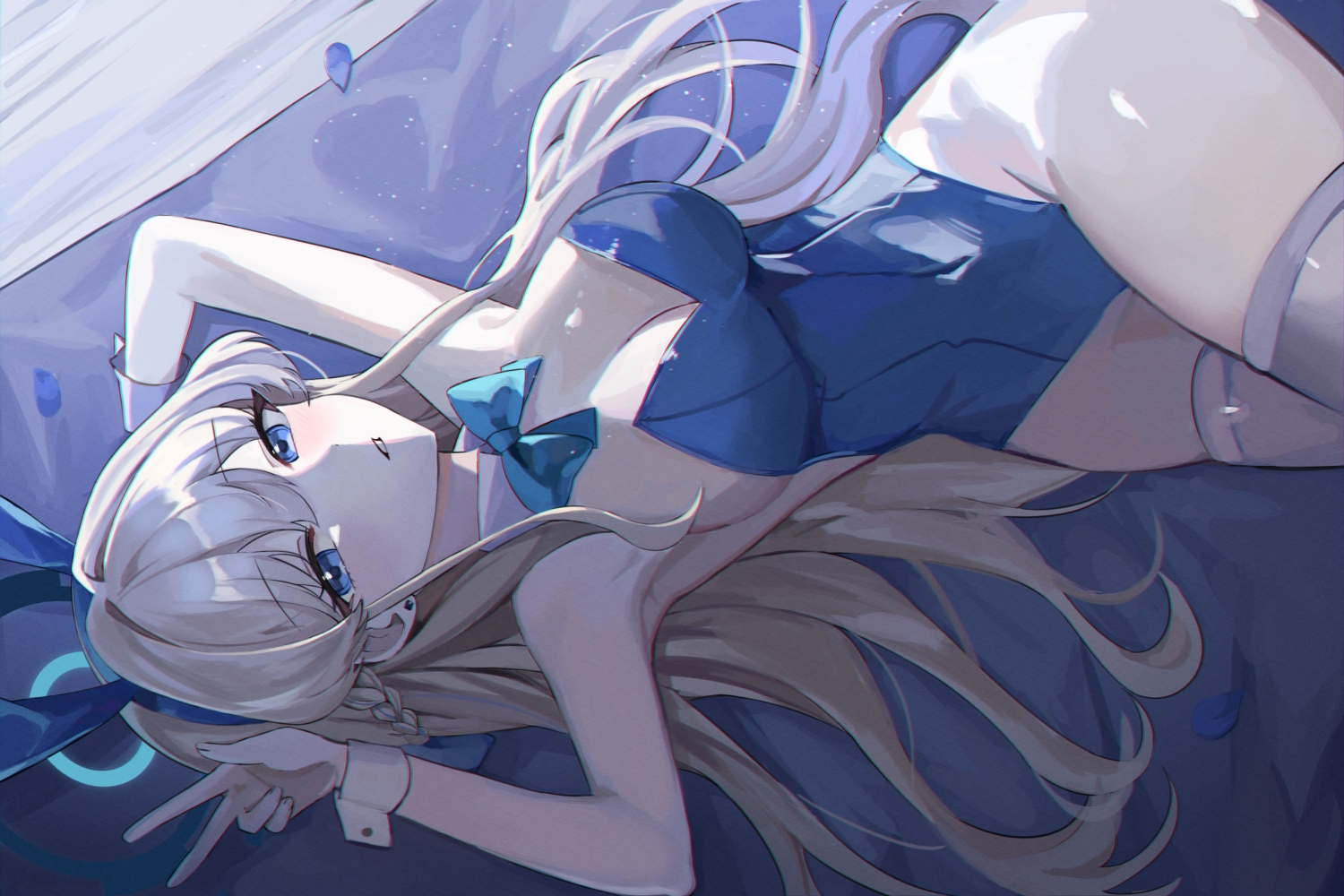 animal_ears, asuma_toki, bed, blonde_hair, blue_archive, blue_eyes, bow, braids, breasts, bunny_ears, cleavage, halo, leotard, long_hair, nez_(nez_0_0), thighhighs