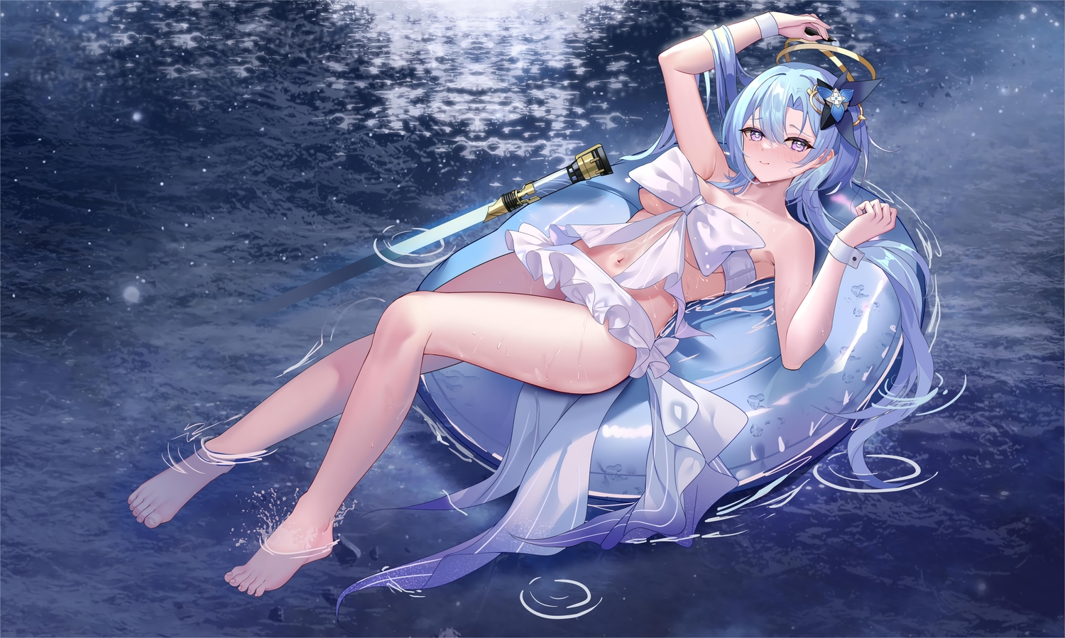 aqua_hair, barefoot, bikini, blush, bow, breasts, griseo, halo