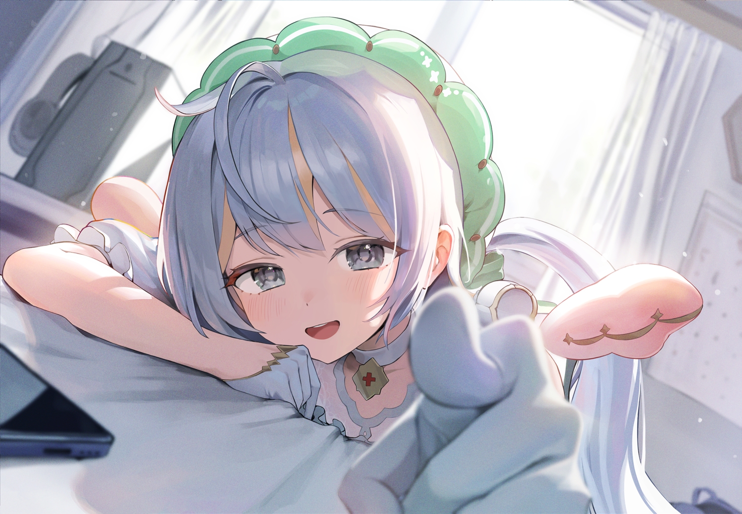 angel, bed, blush, choker, close, gloves, gray_eyes, gray_hair, headphones, long_hair, phone, s_bokdong, twintails, wings