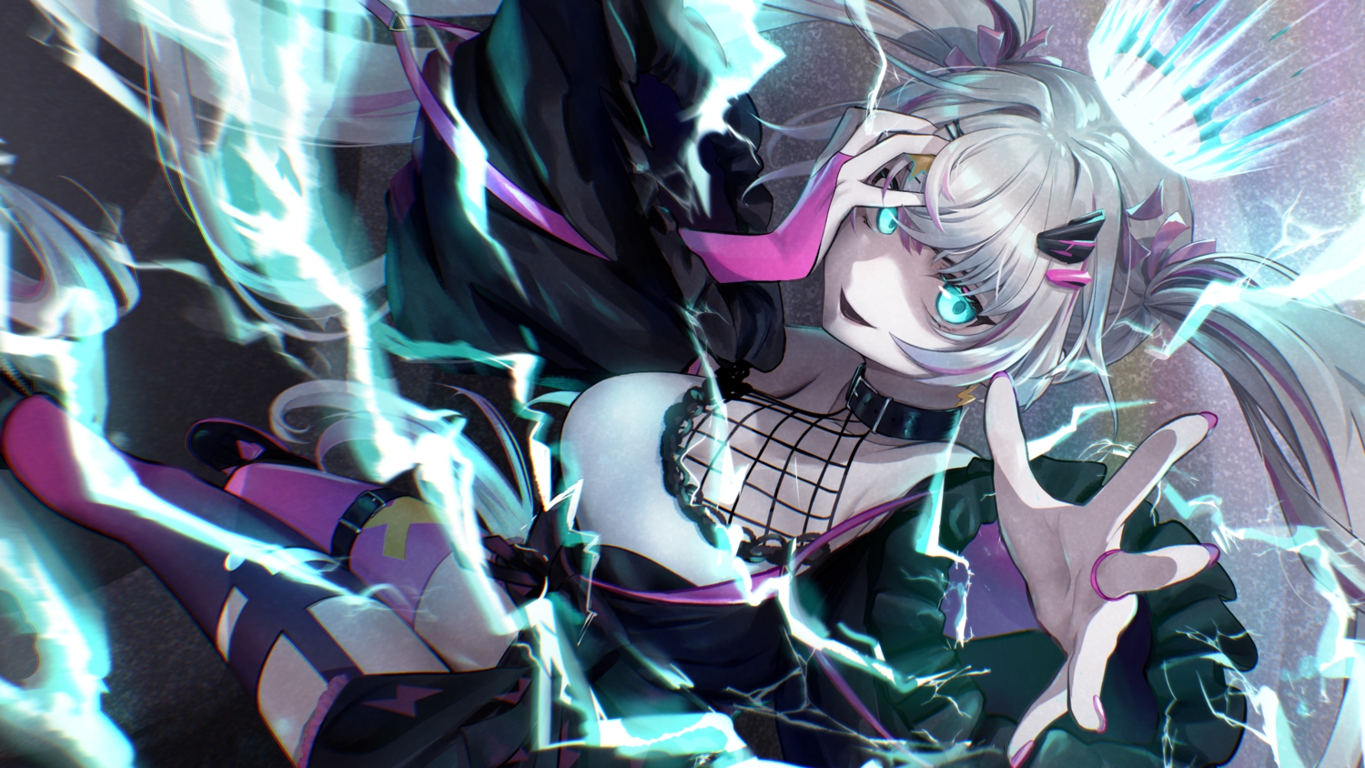 aqua_eyes, breasts, cleavage, collar, crown, garter, gray_hair, ito_haruko, long_hair, magic, phase_connect, rinkou_ashelia, stockings, twintails, zettai_ryouiki