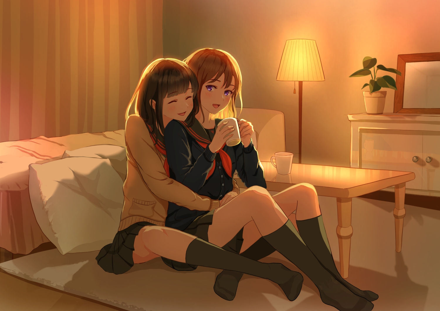 2girls, bed, black_hair, blush, brown_hair, drink, hug, kneehighs