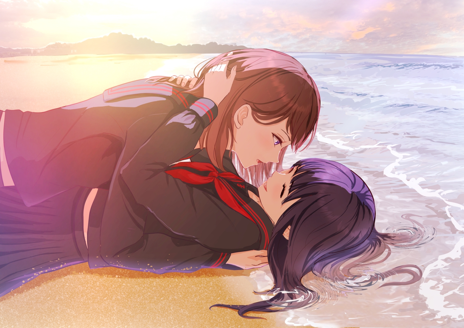 2girls, beach, black_hair, brown_hair, close, clouds, hug, nap_on_a_cloud