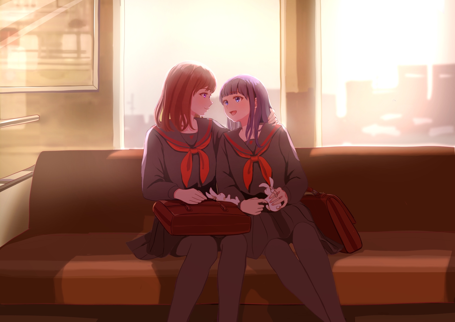 2girls, black_hair, blue_eyes, brown_hair, building, bunny, city, nap_on_a_cloud