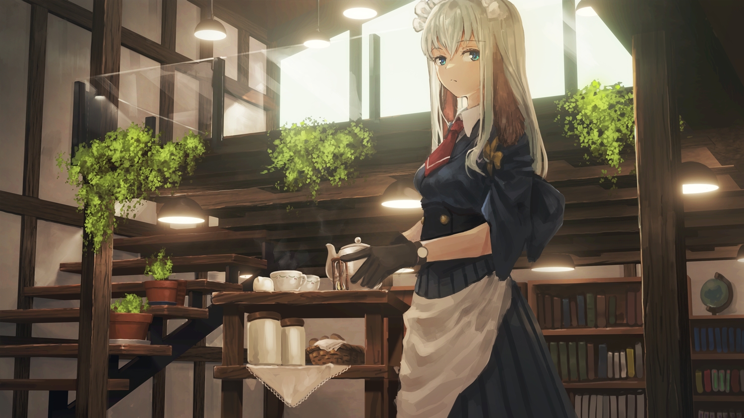 animal_ears, apron, aqua_eyes, book, corset, drink, food, gloves