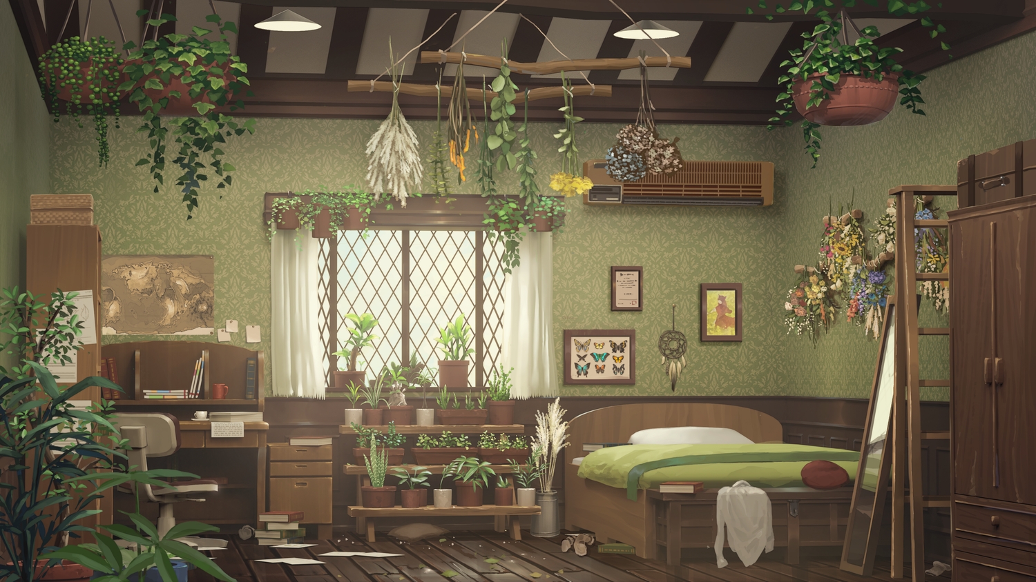bed, book, feathers, flowers, leaves, mirror, no_humans, original