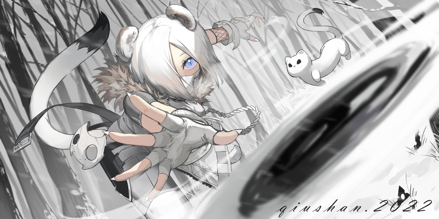 animal_ears, arknights, blue_eyes, diao_bu_landuo, forest, mask, shirayuki_(arknights), snow