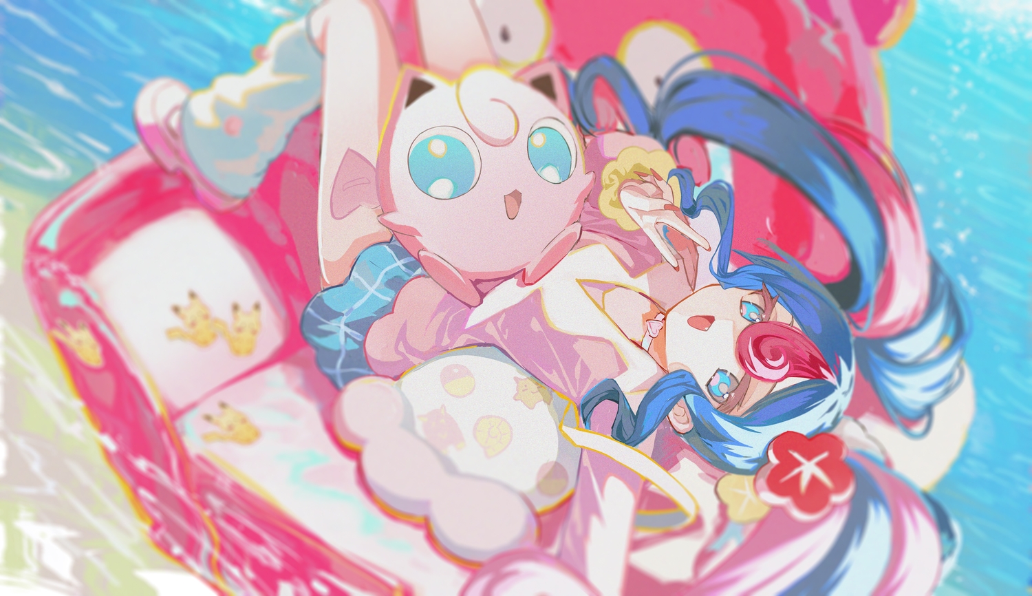 aqua_eyes, aqua_hair, choker, diao_bu_landuo, fairy_miku_(project_voltage), fang, hatsune_miku, jigglypuff, pokemon, project_voltage, school_uniform, skirt, twintails, vocaloid, water