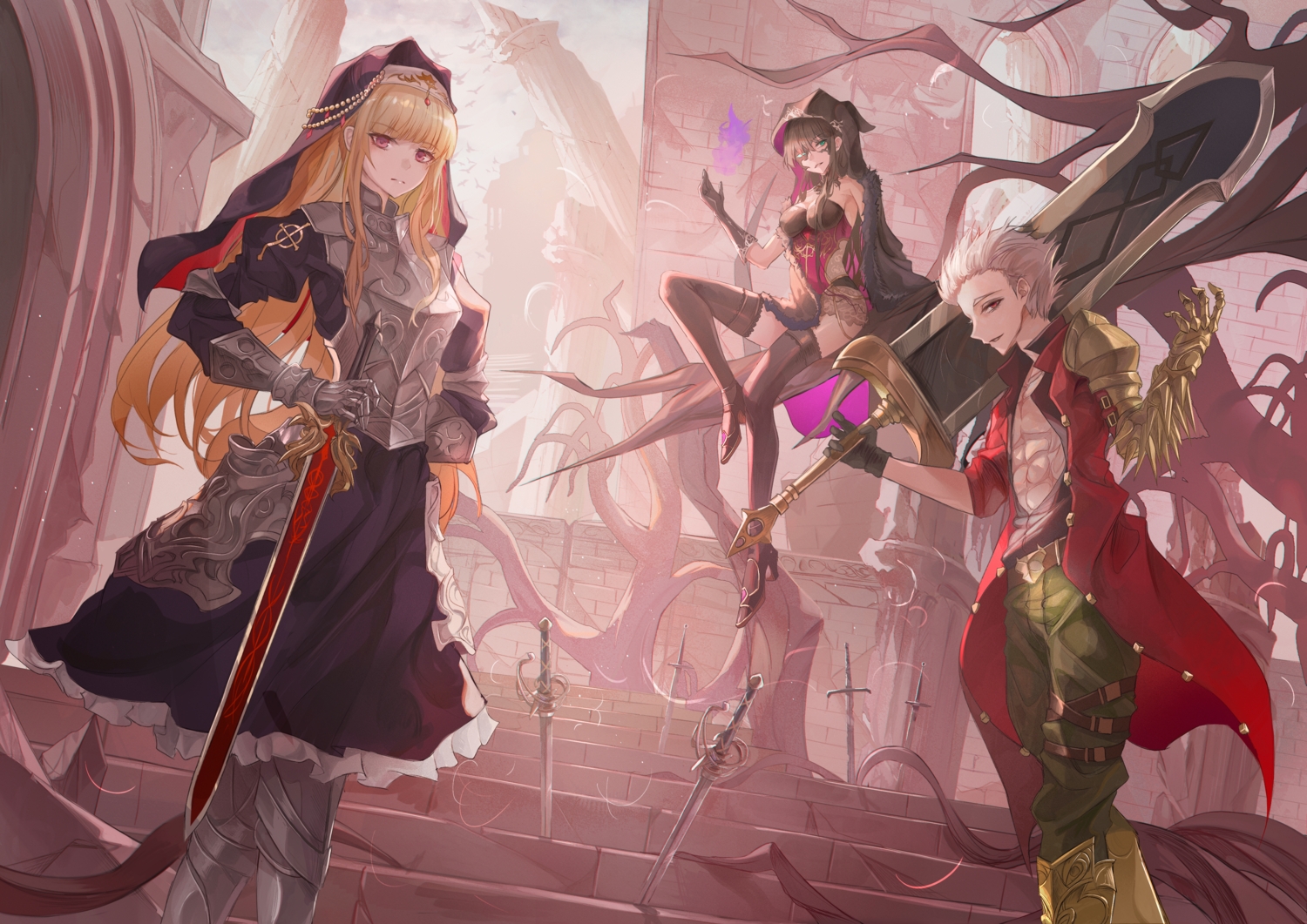 alec_(brown_dust), angelica_(brown_dust), armor, blonde_hair, brown_dust, brown_dust_2, brown_hair, celia_(brown_dust), dress, gloves, hat, long_hair, male, purple_eyes, short_hair, sword, tagme_(character), thighhighs, tree, turbulence, weapon