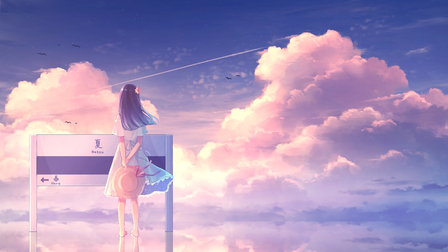 amenomori_howa, barefoot, clouds, dress, hat, long_hair, original, reflection, sky