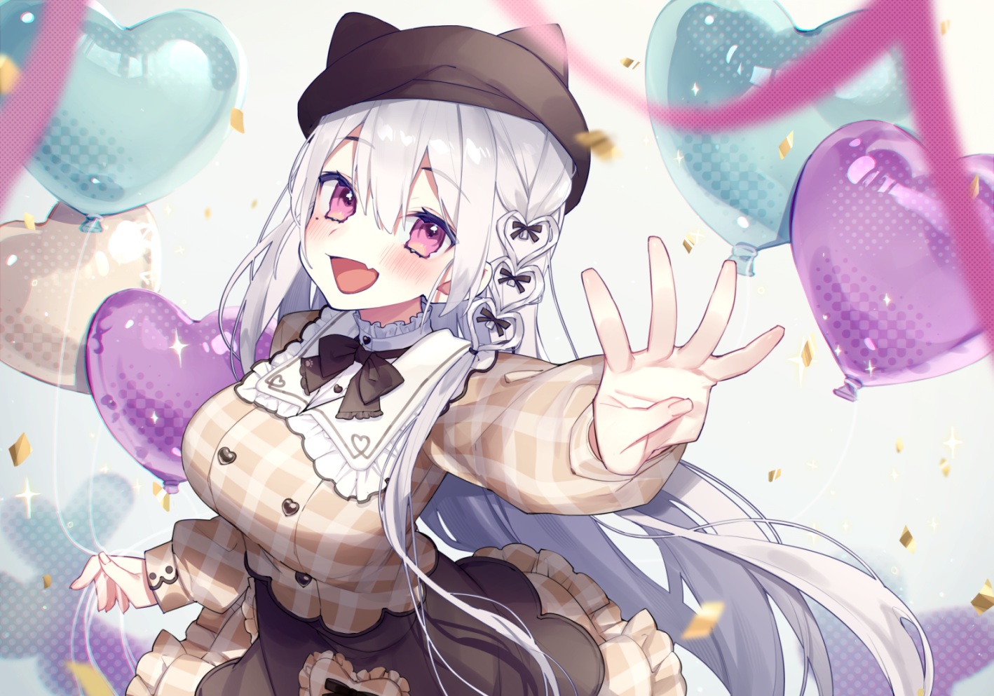 animal_ears, blush, braids, chiyomaru_(yumichiyo0606), dress, fang, gray_hair, hat