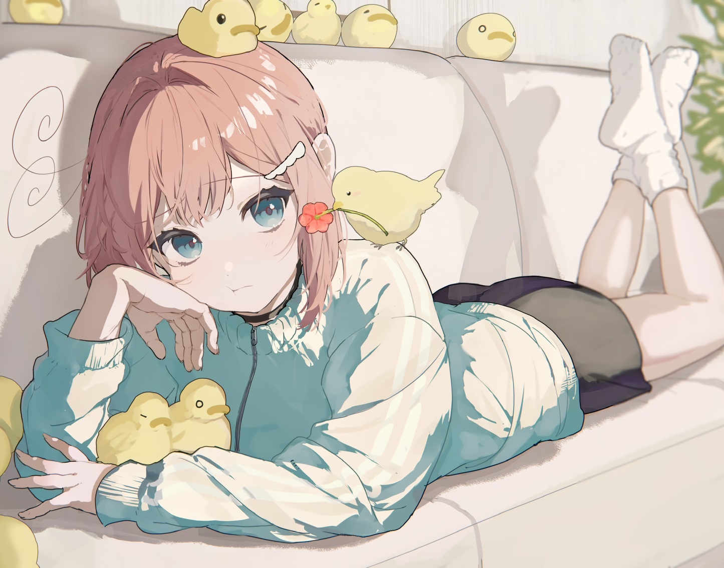 ahute, animal, aqua_eyes, ass, bird, brown_hair, choker, couch, flowers, original, shorts, socks