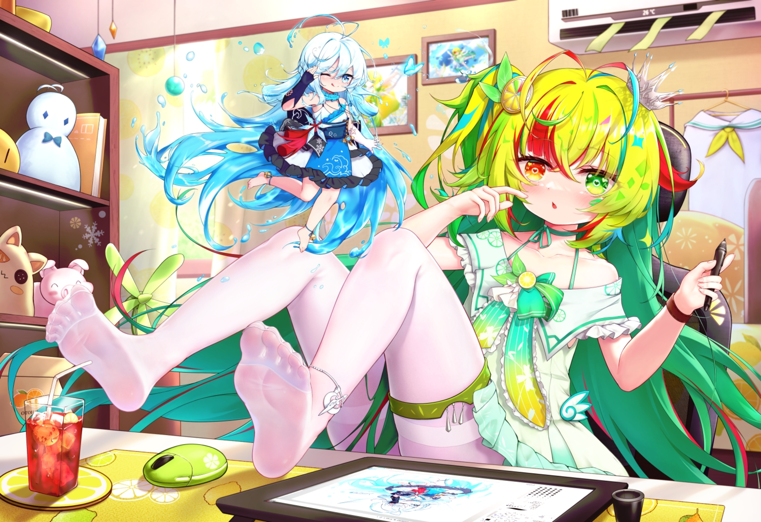 2girls, aqua_eyes, barefoot, bell, bicolored_eyes, blue_hair, blush, book