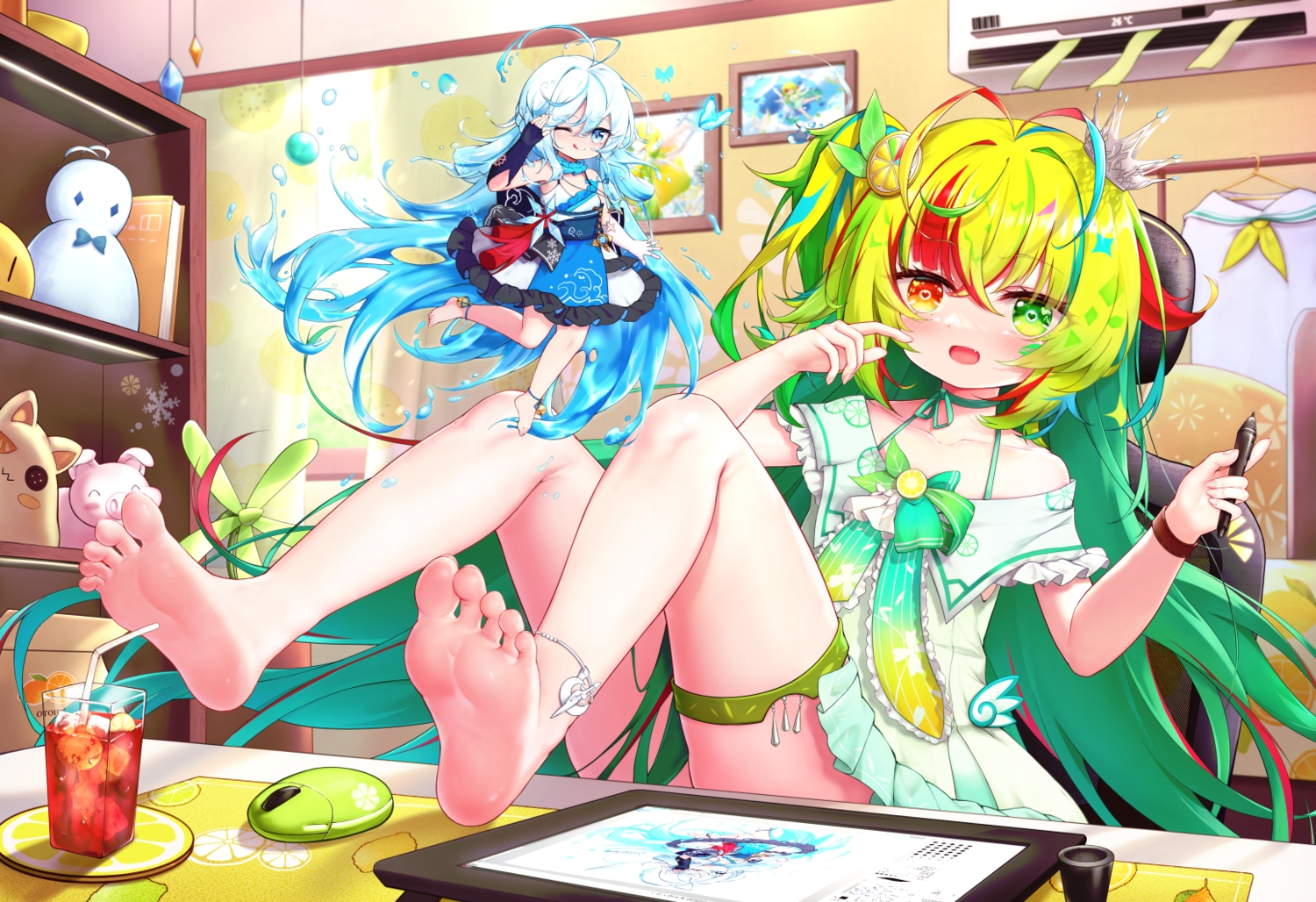 2girls, aqua_eyes, barefoot, bell, bicolored_eyes, blue_hair, blush, book