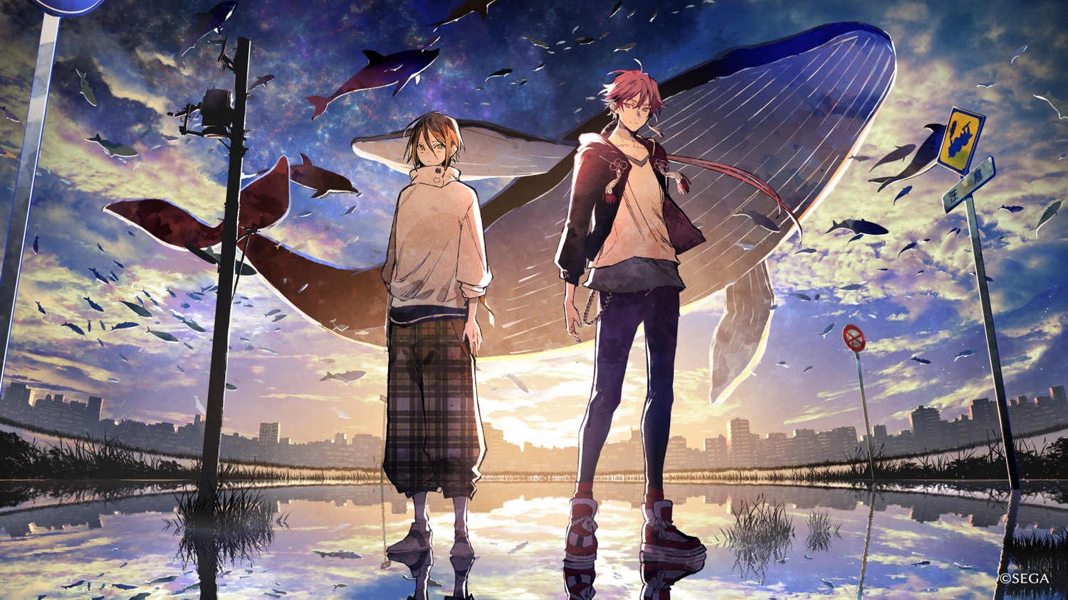 all_male, animal, building, city, clouds, fish, maimai_(game), male