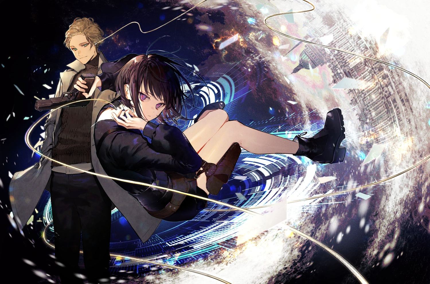 black_hair, boots, echika_hieda, garter, gun, harold_lucraft, male, nozaki_tsubata, purple_eyes, short_hair, shorts, techgirl, weapon, your_forma