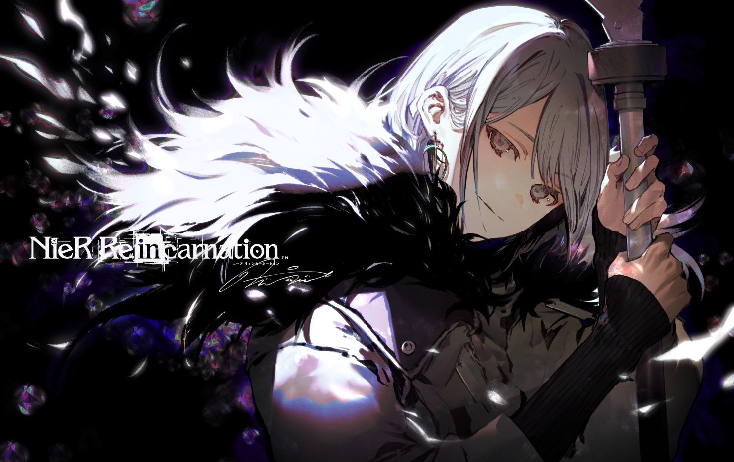 all_male, close, gray_eyes, gray_hair, logo, male, nier, nier_reincarnation