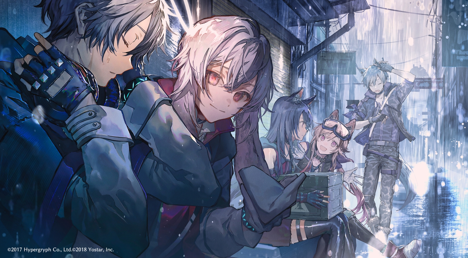 adnachiel_(arknights), aliasing, animal_ears, ansel_(arknights), arknights, building, bunny_ears, cardigan_(arknights)