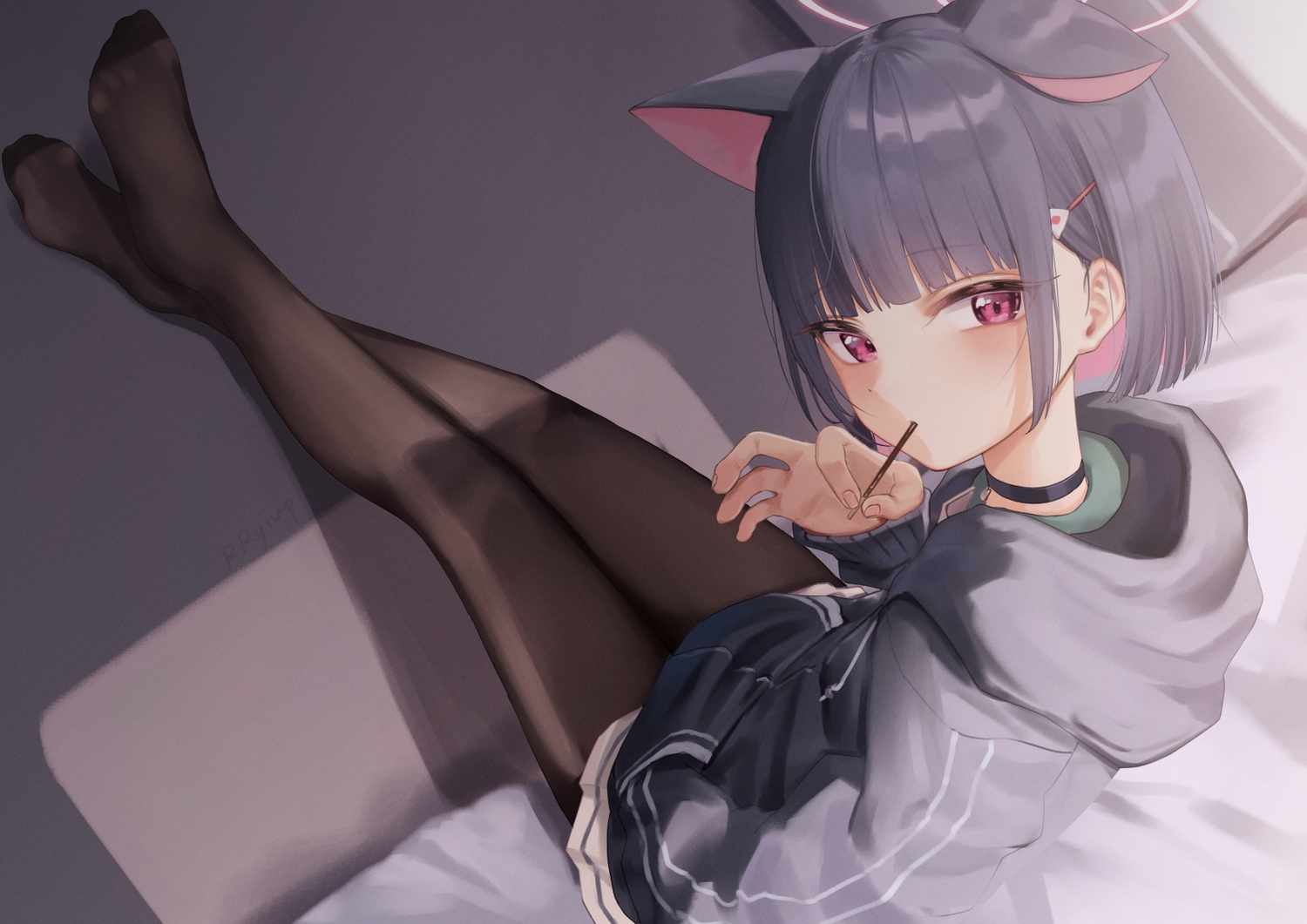animal_ears, bed, black_hair, blue_archive, catgirl, choker, food, hood