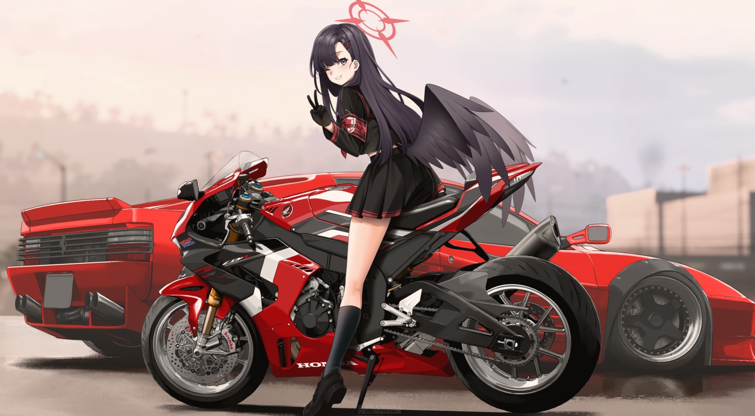 blue_archive, blue_eyes, car, gloves, halo, jun_project, kneehighs, long_hair, motorcycle, nakamasa_ichika, school_uniform, skirt, wings, wink