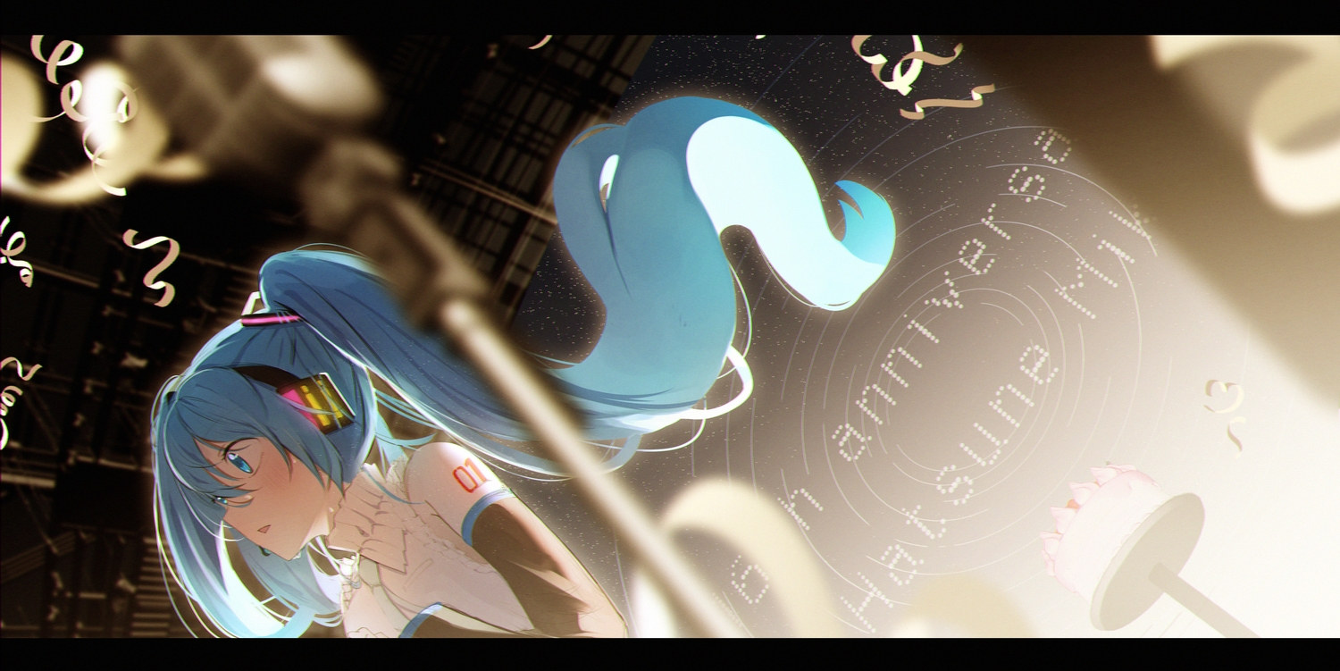 aqua_eyes, blue_hair, cake, food, hatsune_miku, long_hair, microphone, sanasedayo