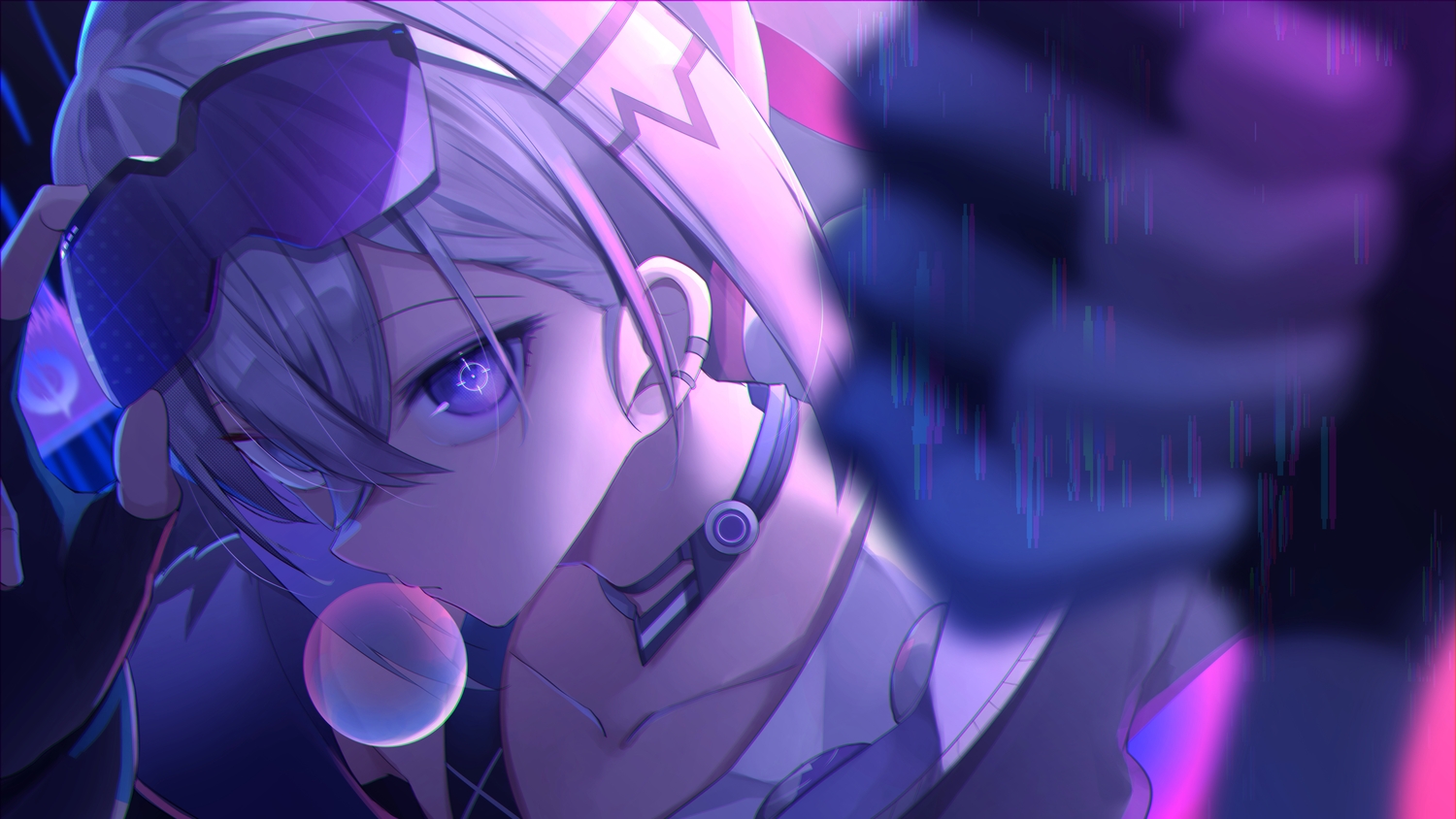 candy, choker, close, gloves, goggles, gray_hair, honkai_(series), honkai:_star_rail, purple_eyes, sanasedayo, silver_wolf_(honkai:_star_rail)