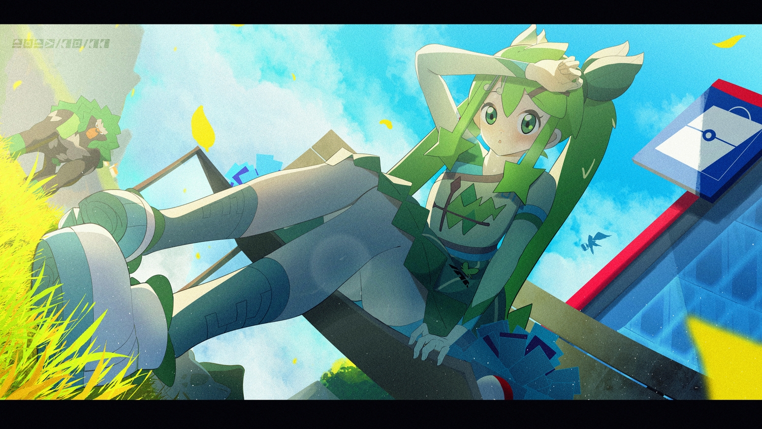 bulbasaur, cheerleader, clouds, grass, grass_miku_(project_voltage), green_eyes, green_hair, hatsune_miku