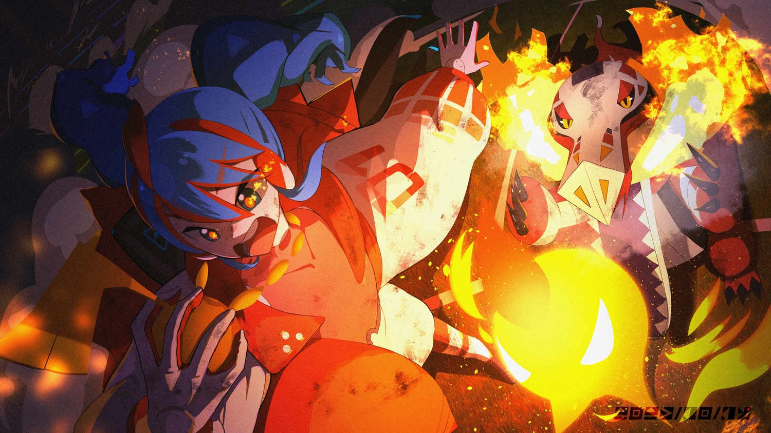 blue_hair, fire, fire_miku_(project_voltage), gloves, hatsune_miku, microphone, orange_eyes, pokemon, project_voltage, sanasedayo, skeledirge, vocaloid