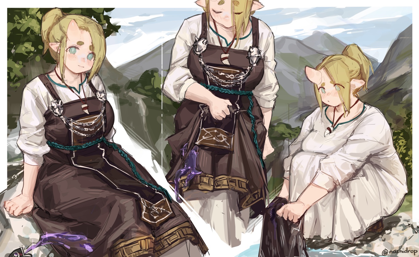 animal, apron, aqua_eyes, blonde_hair, blush, clouds, dress, fish