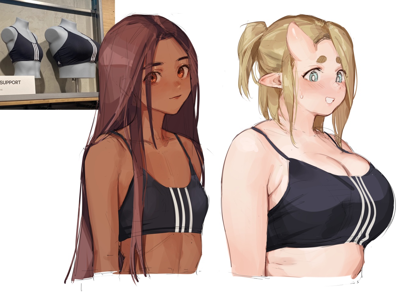 2girls, aqua_eyes, blonde_hair, blush, bra, breasts, brown_hair, cleavage, dark_skin, demi_(nashidrop), flat_chest, nashidrop, original, pear_(nashidrop), photo, ponytail, red_eyes, short_hair, sketch, underwear, white