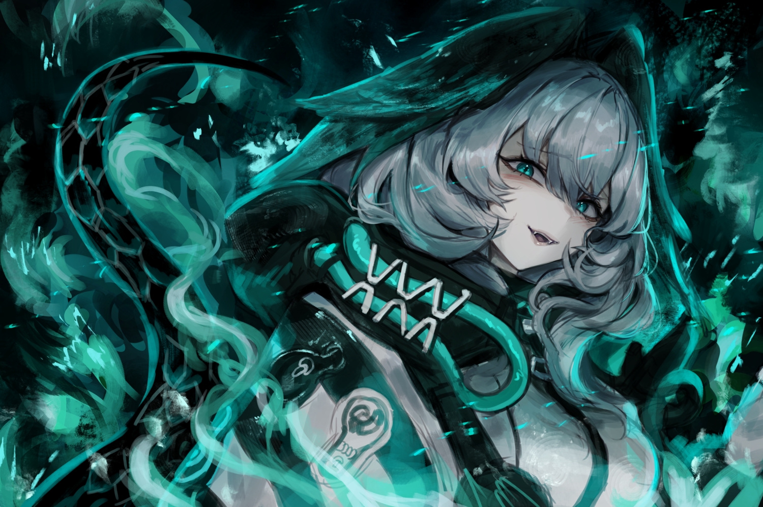 adamosina, aqua_eyes, arknights, blush, close, fang, gray_hair, green, hood, ho'olheyak_(arknights), polychromatic, short_hair, tail, wings
