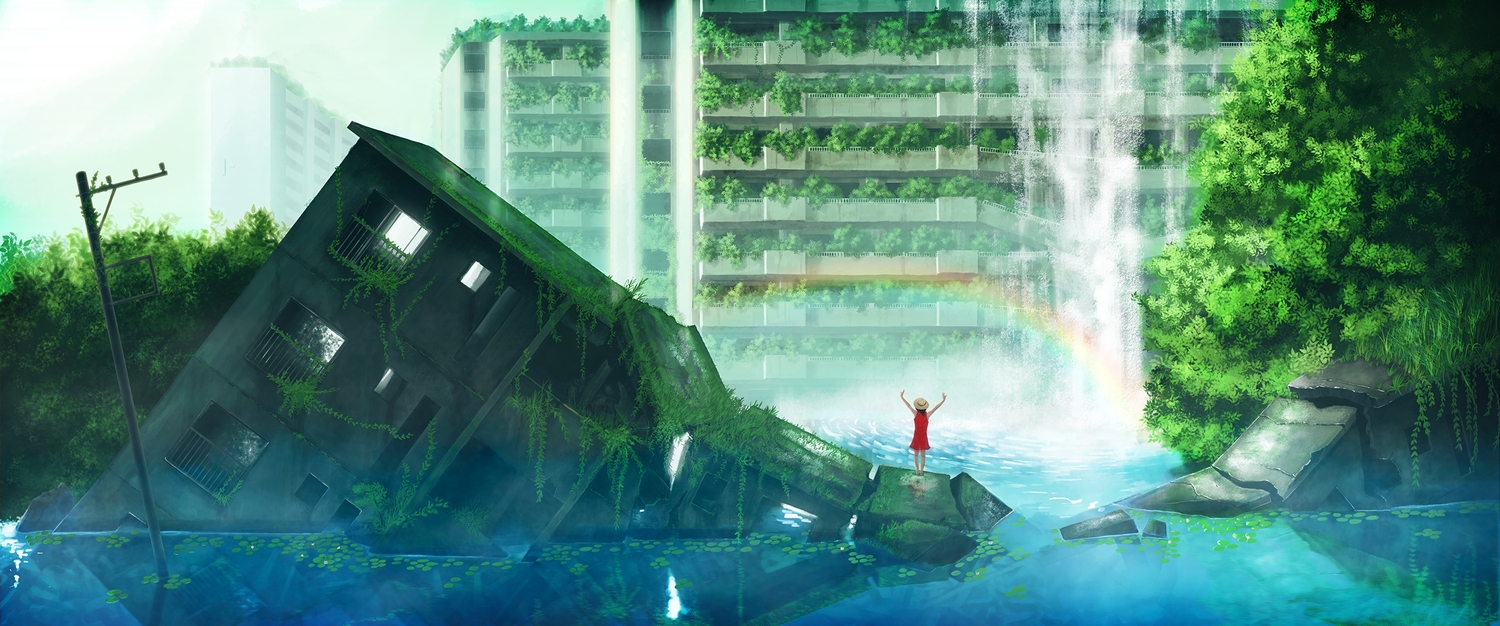 building, hat, hiromumaru, leaves, original, rainbow, ruins, scenic