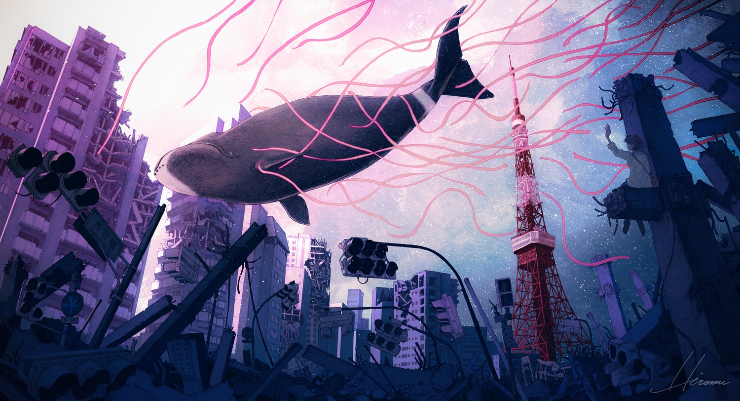 animal, building, city, fish, hiromumaru, original, polychromatic, ruins