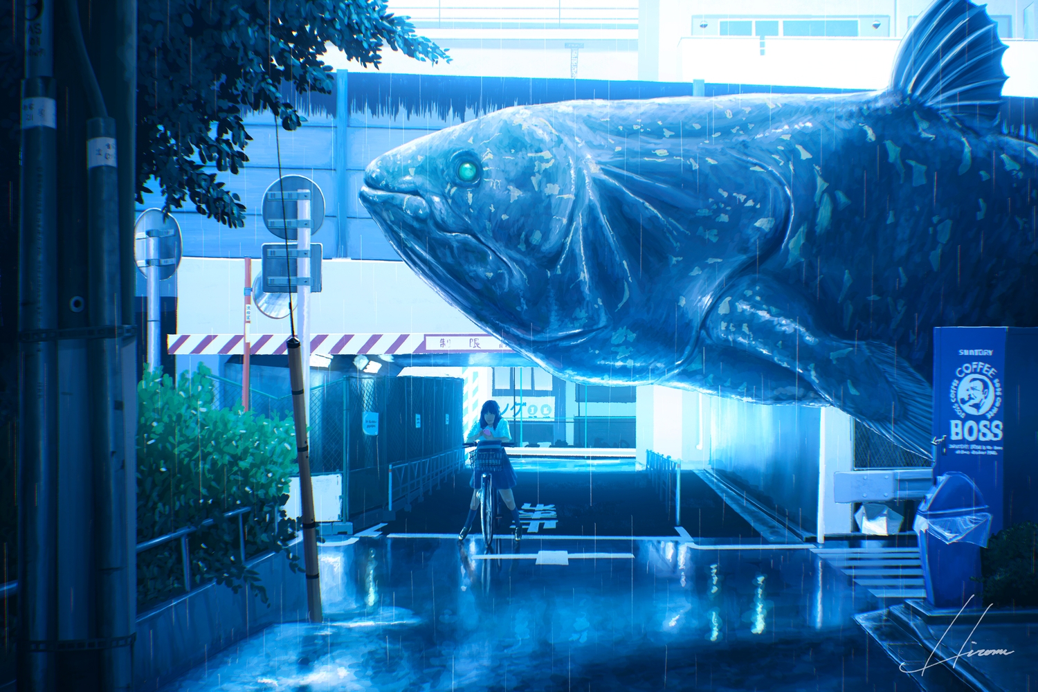 animal, bicycle, blue, building, city, fish, hiromumaru, original