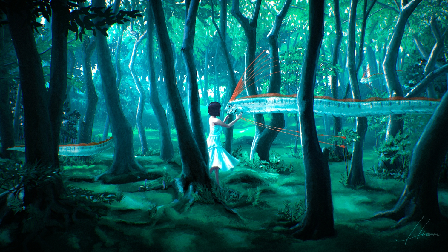 animal, dress, fish, forest, hiromumaru, original, scenic, short_hair, signed, tree