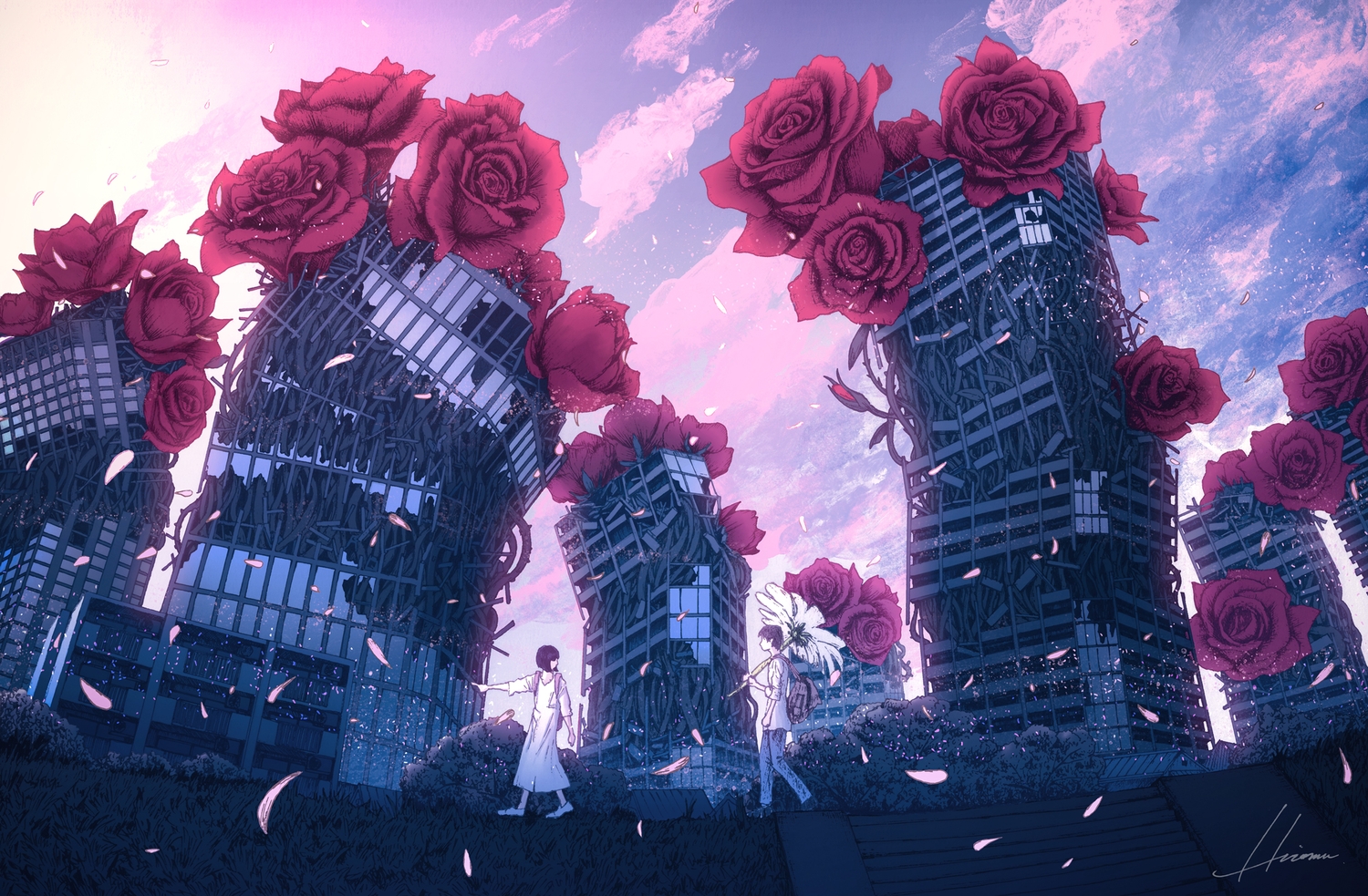 building, flowers, hiromumaru, male, original, petals, polychromatic, rose