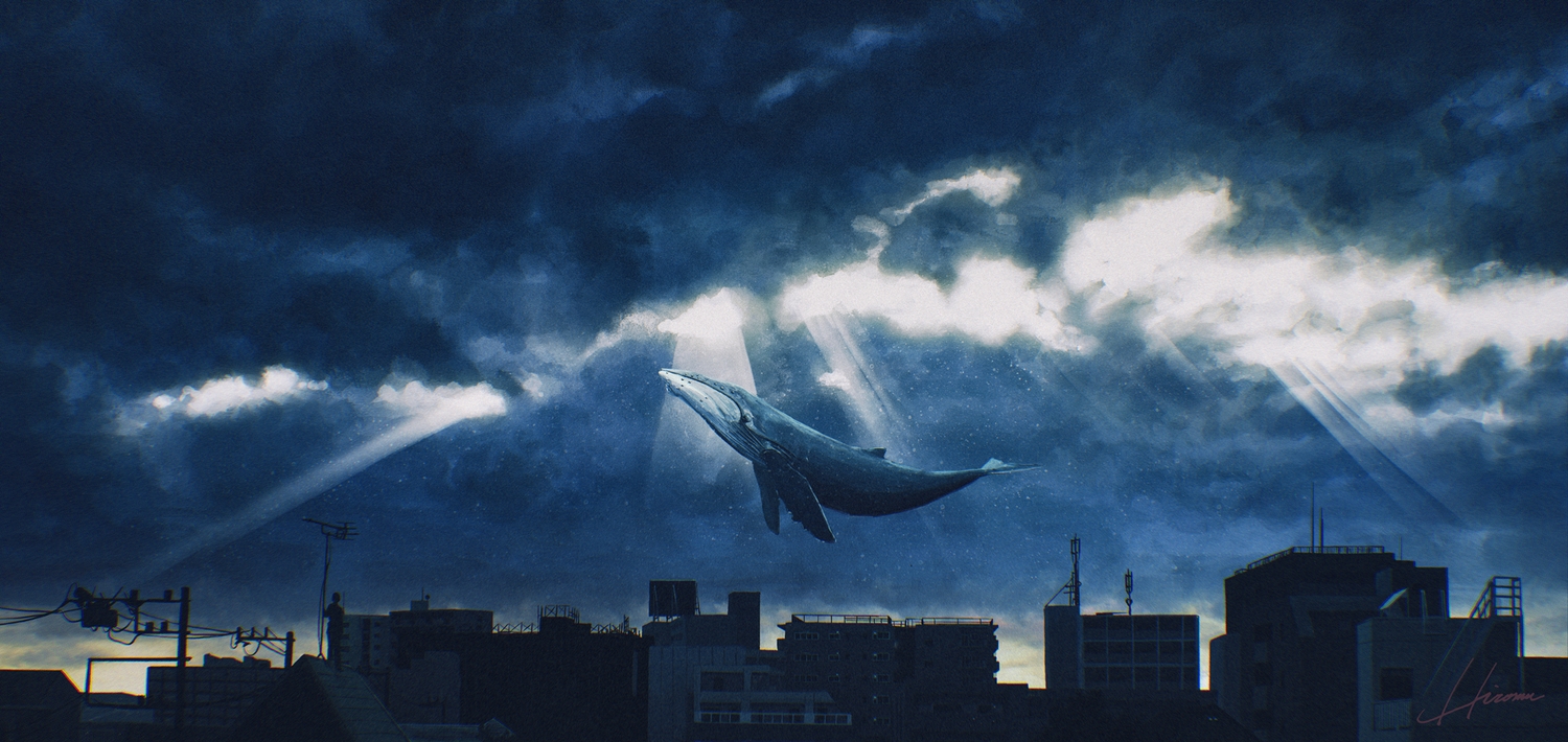 animal, building, city, clouds, dark, fish, hiromumaru, original