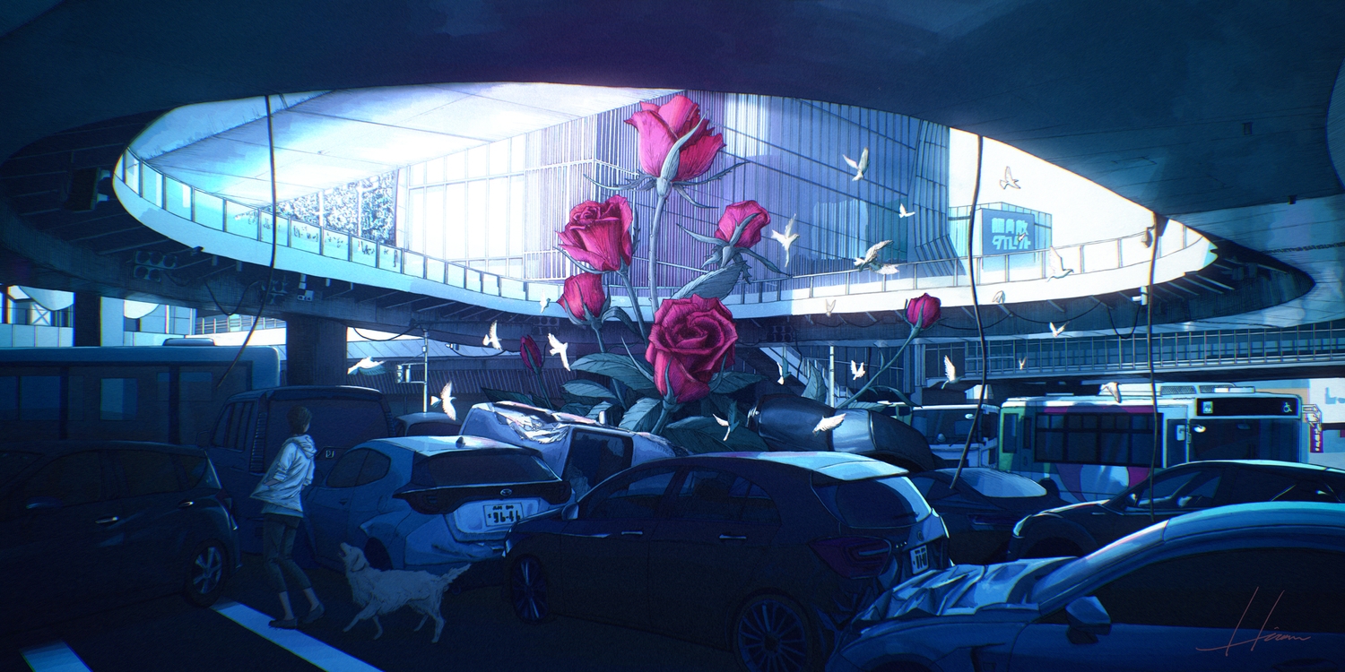 animal, bird, building, car, city, dark, dog, flowers, hiromumaru, hood, original, rose, signed