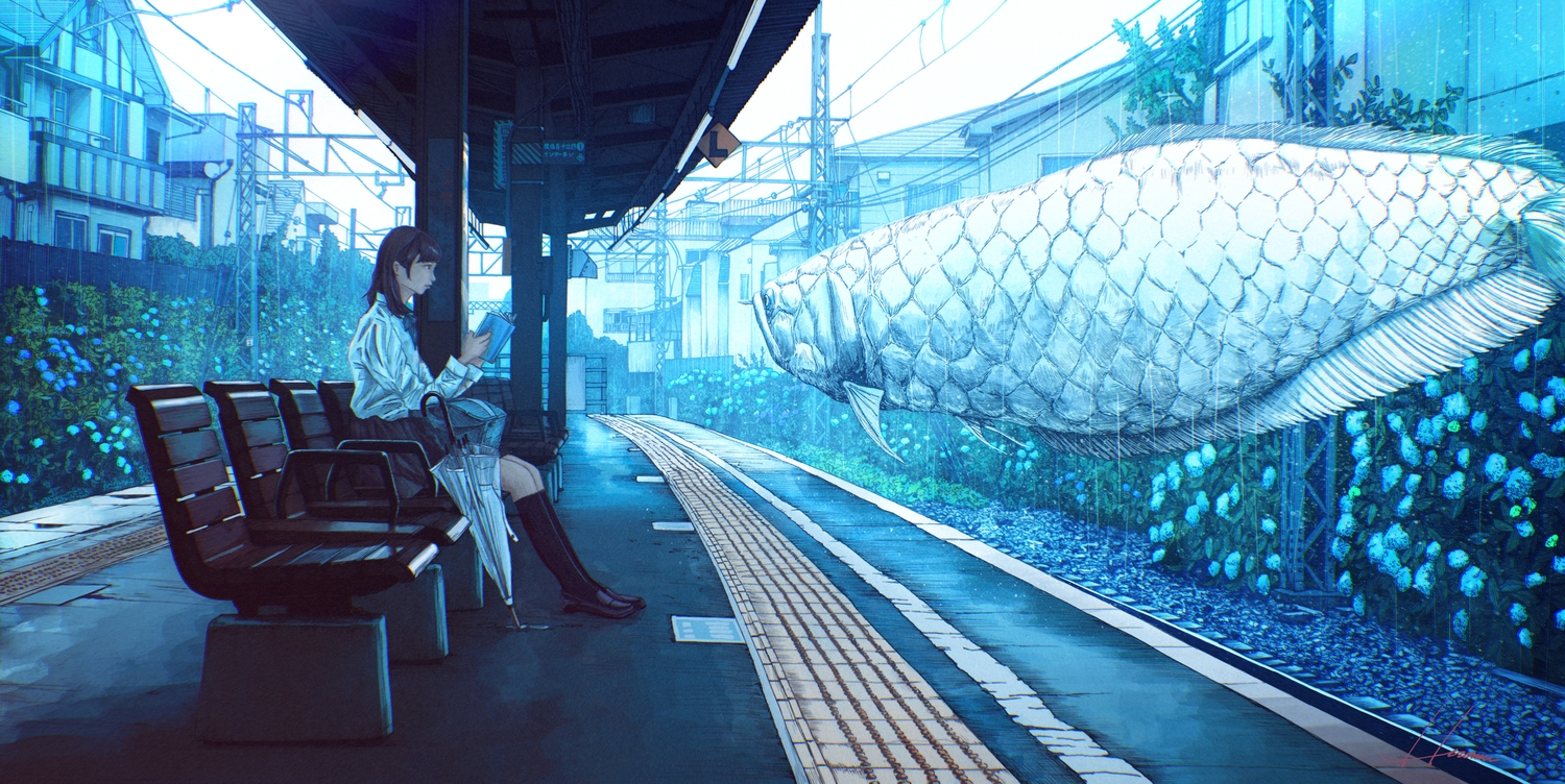animal, blue, book, building, fish, flowers, hiromumaru, kneehighs