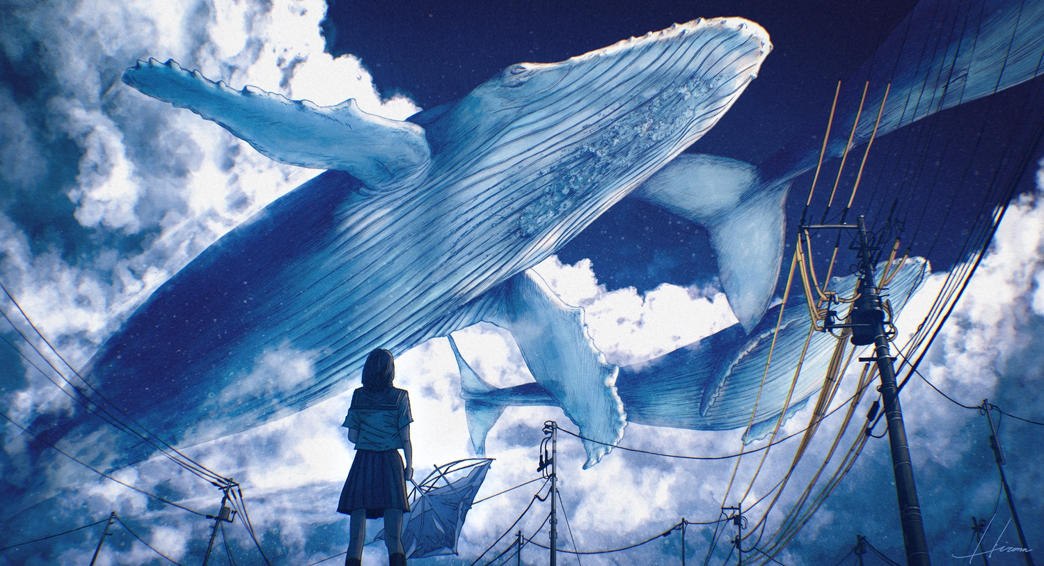 animal, blue, clouds, fish, hiromumaru, original, polychromatic, scenic, school_uniform, signed, skirt, sky, umbrella