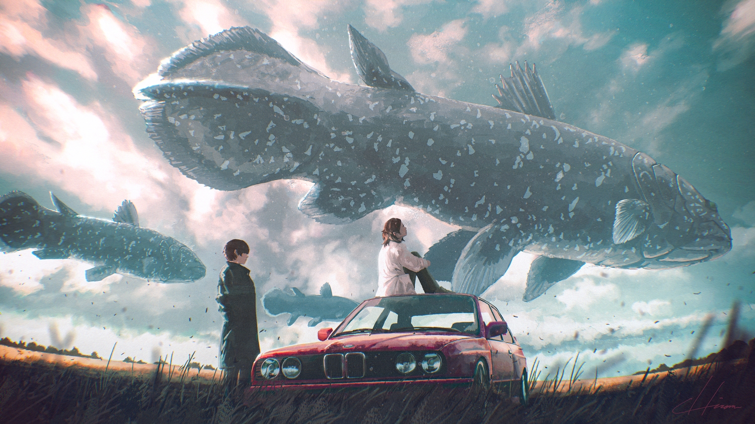animal, car, clouds, fish, grass, hiromumaru, male, original