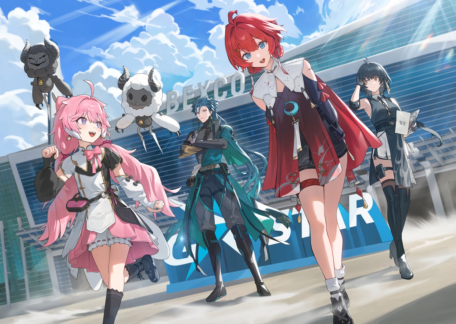 anke_(wuthering_waves), black_hair, bloomers, braids, clouds, danjin_(wuthering_waves), dress, female_rover_(wuthering_waves), garter, group, hood_(james_x), jiyan_(wuthering_waves), loli, long_hair, male, pink_hair, purple_eyes, red_hair, shorts, sky, twintails, wuthering_waves