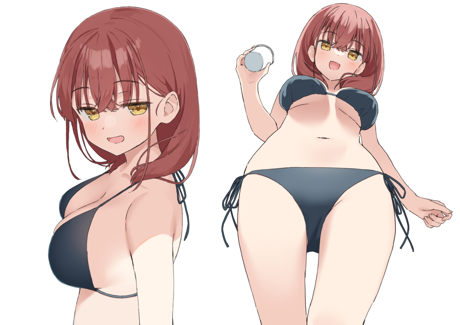 bikini, blush, brown_hair, drink, muninshiki, navel, original, swimsuit