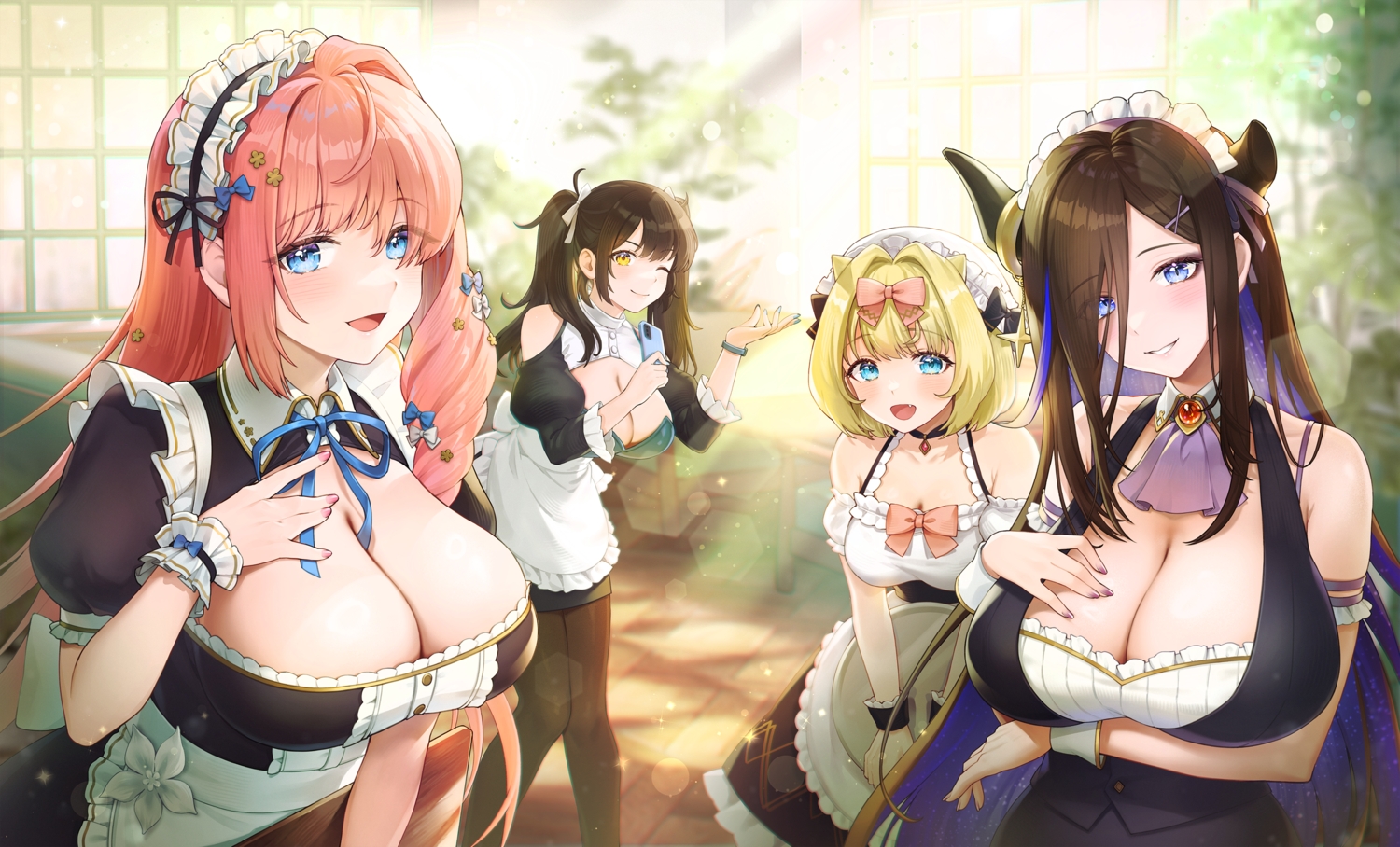 blonde_hair, blue_eyes, breasts, brown_dust, brown_dust_2, brown_hair, choker, cleavage