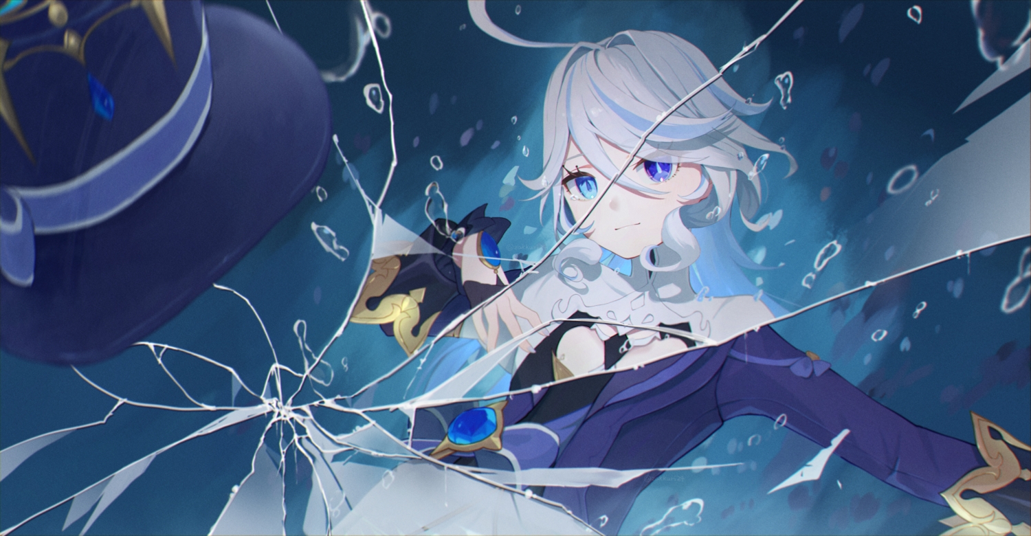 blue_eyes, furina_(genshin_impact), genshin_impact, gray_hair, hat, underwater, water, zakkuri