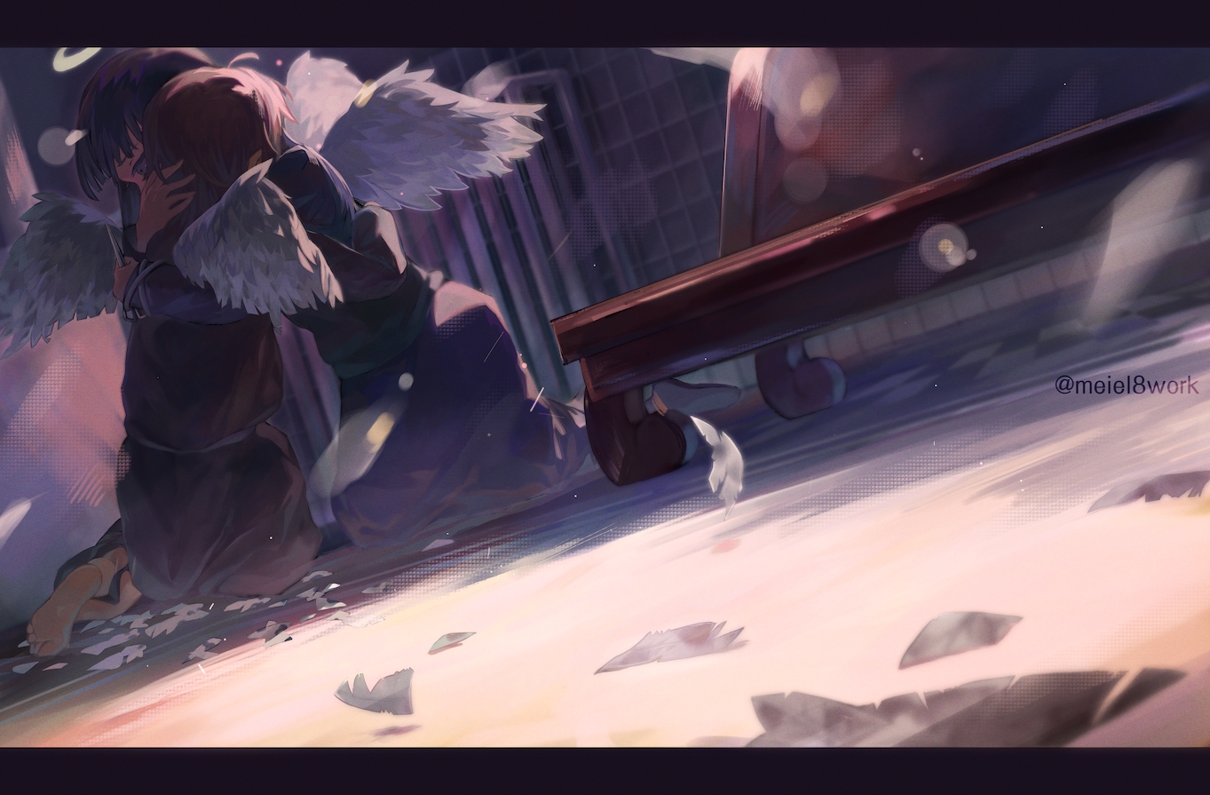 2girls, angel, barefoot, haibane_renmei, halo, hug, rakka, reki