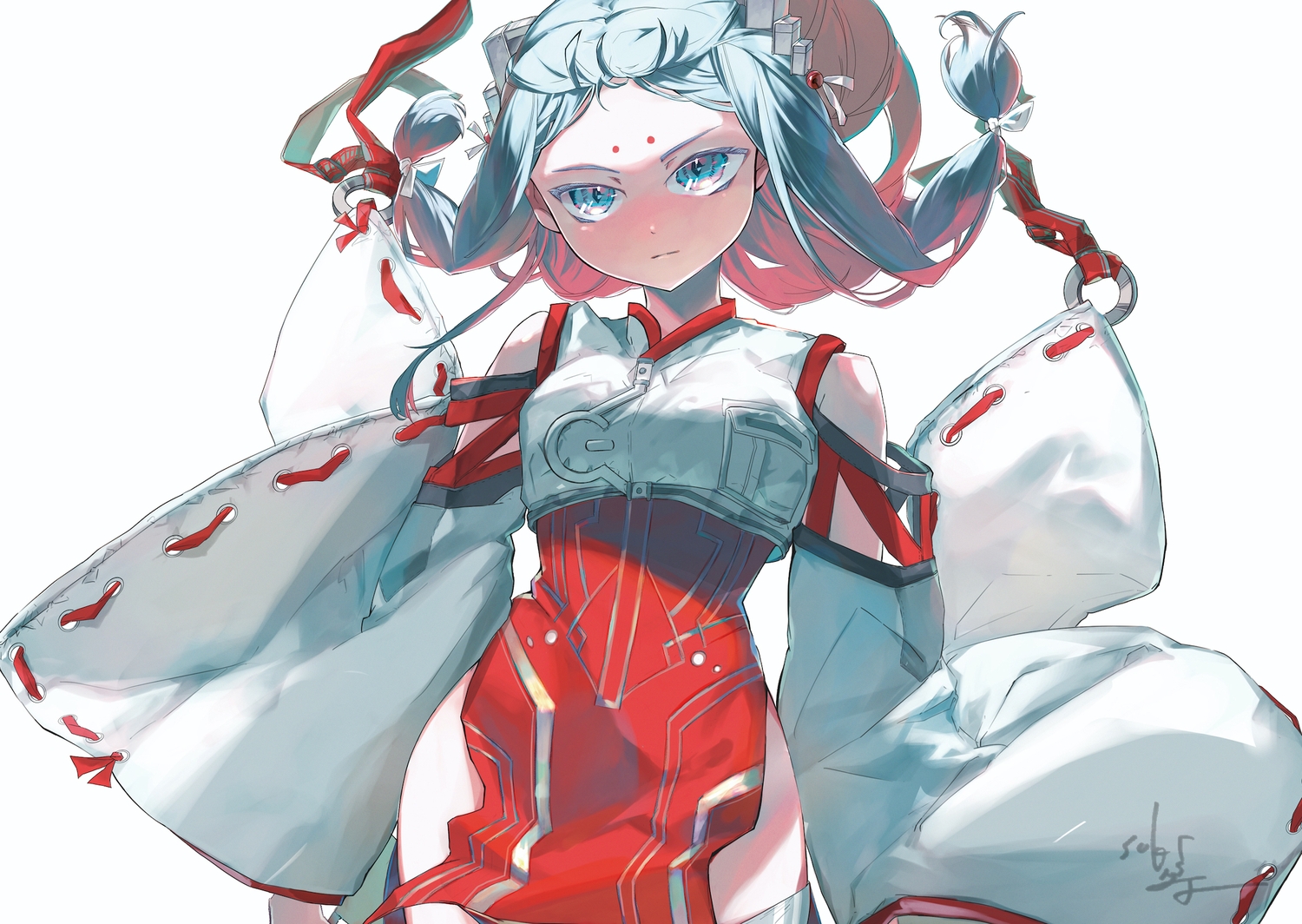aqua_eyes, aqua_hair, japanese_clothes, miko, original, sakinoji, signed