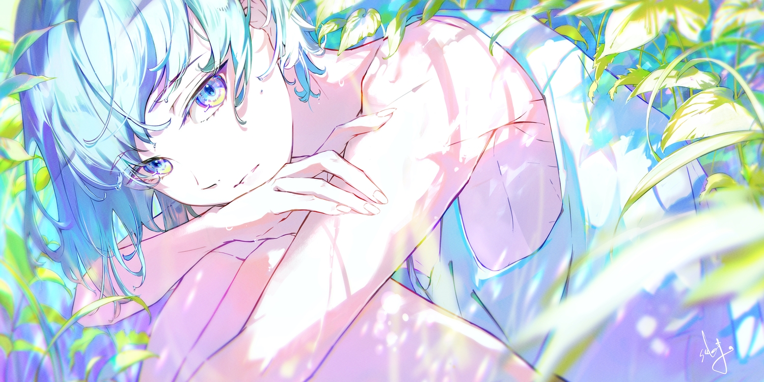 all_male, blue_eyes, close, gray_hair, leaves, male, original, polychromatic, sakinoji, signed